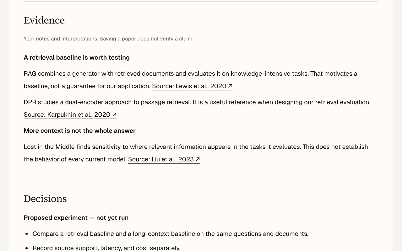 Evidence notes in the example project, each followed by a link to the paper it came from