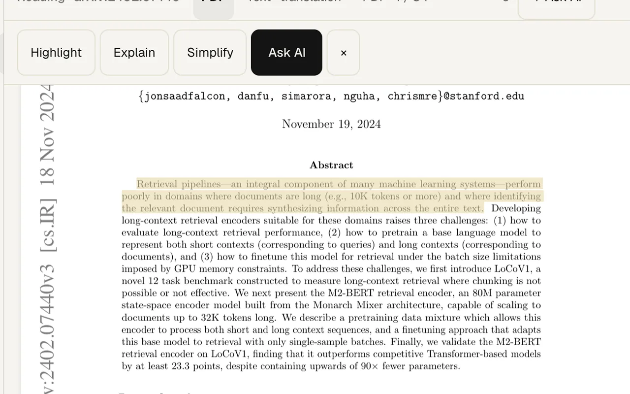 A passage selected in the PDF with Highlight, Explain, Simplify and Ask AI
